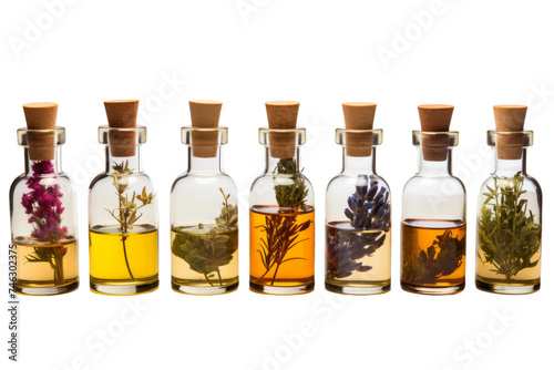 A row of glass bottles, each filled with a unique type of fresh flower. The bottles are arranged neatly on a wooden shelf. On PNG Transparent Clear Background.