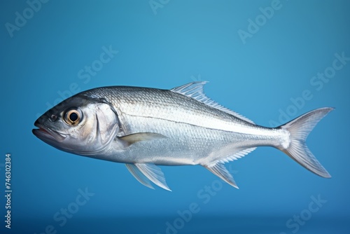 A half fish swimming on a blue background.