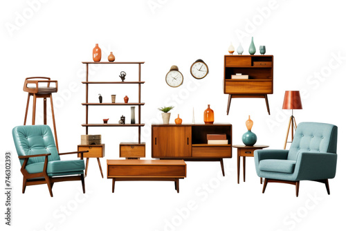 Collection of Furniture Including Chairs, Tables and Clocks. The chairs vary in design, from wooden to upholstered the tables come in different shapes and sizes. On PNG Transparent Clear Background.