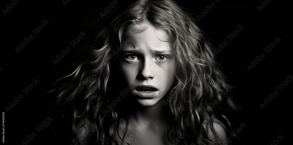 A frightened look, a black and white photo of a young girl.