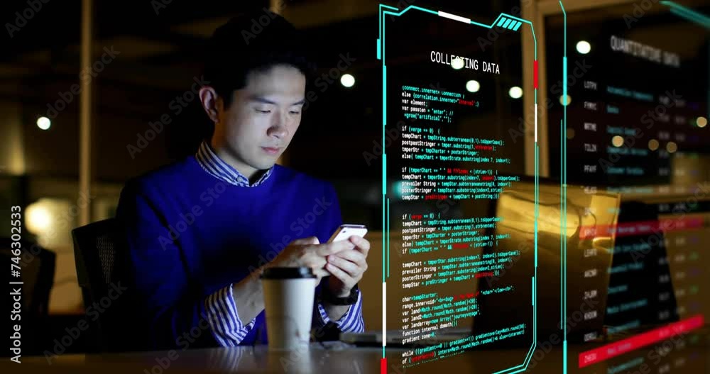 Animation of digital data processing on screens over asian man using smartphone