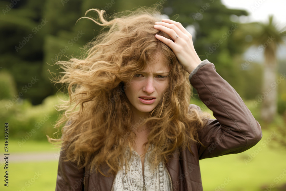 A woman with long, windy, frizzy red hair standing in a park.