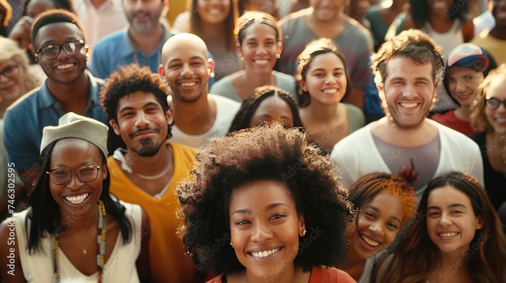 Multi-ethnic, large group of people looking at the camera directly above with a smile on their faces. Harmony within a multi-culture concept.
