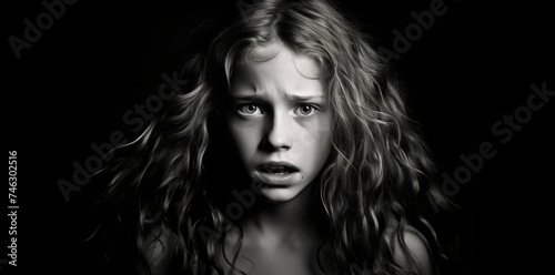 A frightened look, a black and white photo of a young girl.