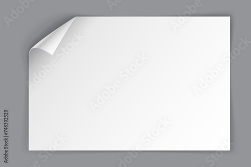 White paper sheet with bending top left corner isolated on grey background. Vector illustration