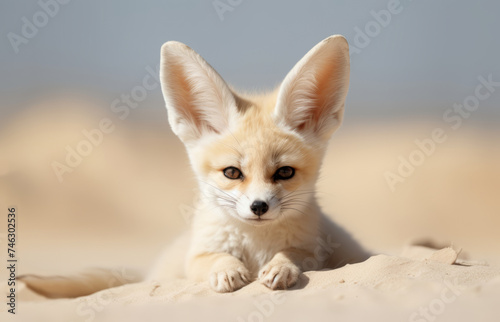 A small animal  a fennec fox with fennec ears on top of his head  in the sand.