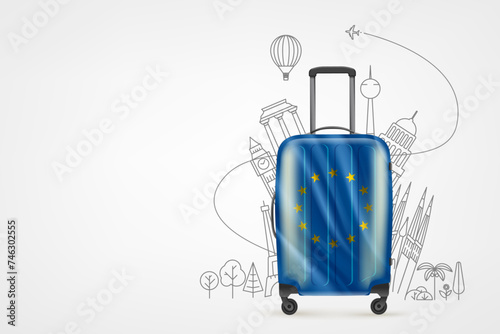 Plastic travel bag with european union flag and famous world sights. 3d vector banner with copy space 