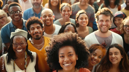 Multi-ethnic, large group of people looking at the camera directly above with a smile on their faces. Harmony within a multi-culture concept.