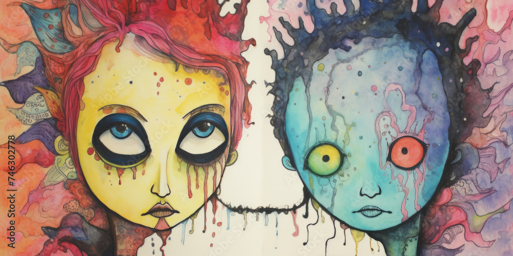 A colored ink drawing in pop surrealism art style, a painting of two people with different colored faces.