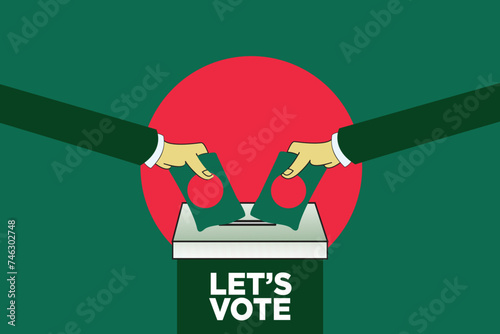 "Let's Vote" vector illustration design Ballot Box with two hands with Bangladesh Flag. Bangladesh Elections Concept on a Bangladesh Flag. Ideal for use in campaign posters and banners. EPS Format.