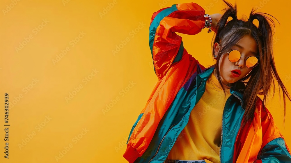 Fototapeta premium Modern Asian fashionista in chic streetwear striking a dynamic pose vibrant yellow background offering copyspace
