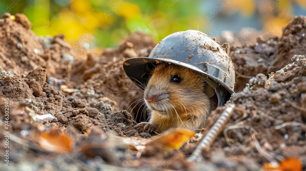 Fototapeta premium Mole in miners helmet digging through garden popping up in unexpected places surprising homeowner
