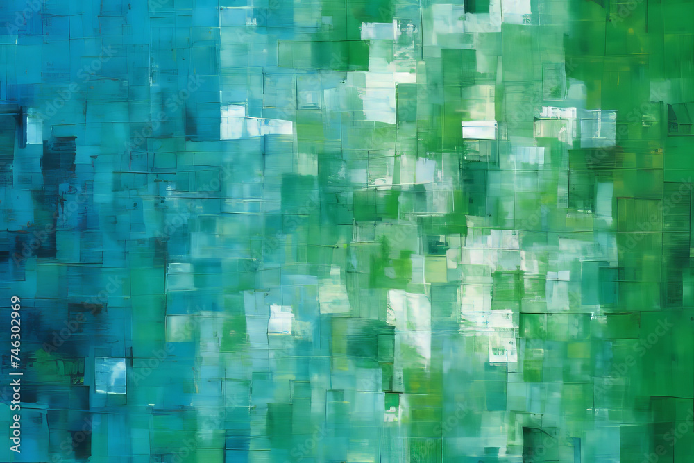A highly abstract painting of green and white squares on a cool blue and green background.