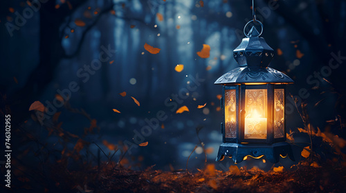 Lantern in dark forest. Halloween concept. 3d Rendering