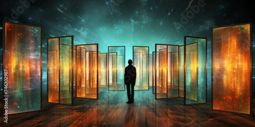 A person standing in a room with multiple doors, representing an open portal to another dimension, the gateway to another dimension, the doors of perception. photo