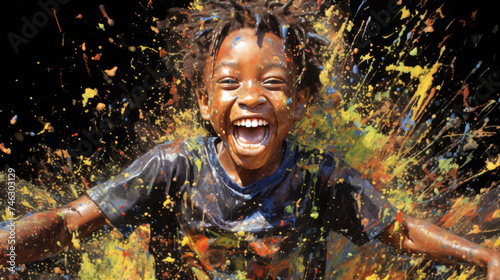 A happy kid, a young child expressing joy while playing with colored paint.