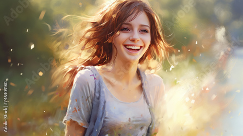 A realistic cute girl painting, a beautiful young woman standing in a field of flowers, gorgeous digital painting, happy girl.