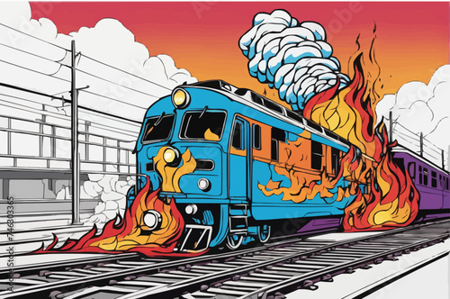a broken train with fire in an accident
