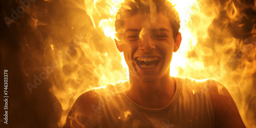 A man is laughing in front of a fire, with fire behind him, fire-breathing. photo