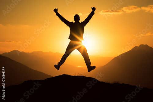 A person is jumping for joy, leaping with arms up in the air on top of a mountain.