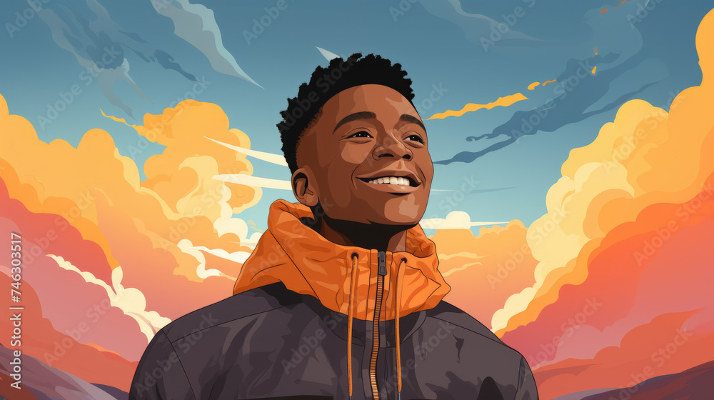 A high-quality epic portrait illustration of a man standing in front of a cloudy sky. A high-quality epic portrait illustration of a man standing in front of a cloudy sky.