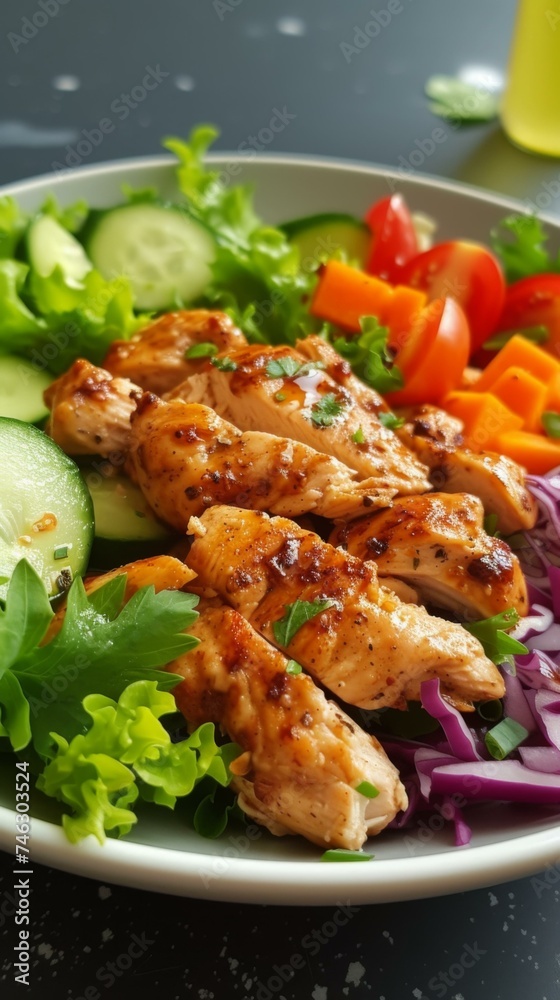 Chicken breast with vegetables and salad on a plate. Generative AI. Chicken breast with vegetables and salad on a plate. Generative AI.