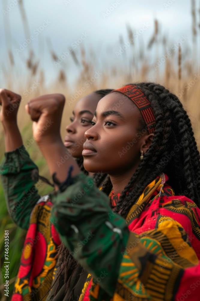 Fototapeta premium Two women in african clothing standing in a field. Generative AI.