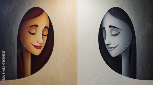 A couple of paintings that are on a wall, diptych, with differing emotions. photo