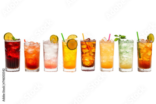 Variety of Drinks in Row of Glasses. A row of glasses filled with different types of beverages, including water, juice, soda, and cocktails. On PNG Transparent Clear Background.