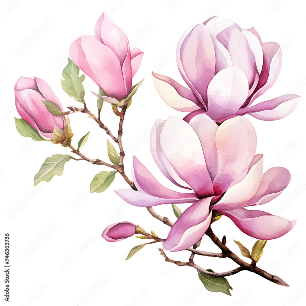 Isolated Watercolor IllustrationPink Magnolia Flowers and Branches Isolated Watercolor IllustrationPink Magnolia Flowers and Branches