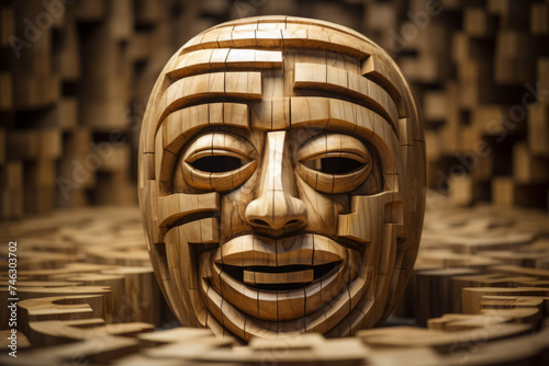 A wooden mask sitting on top of a table, a smiling mask, a tortured face carved in wood.
