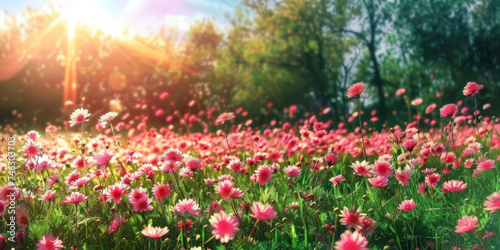 sunny and bright day in Meadow grass with pink daisies landscape background,