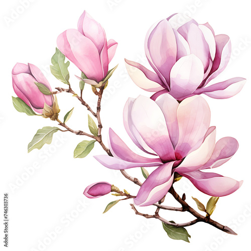 Isolated Watercolor IllustrationPink Magnolia Flowers and Branches