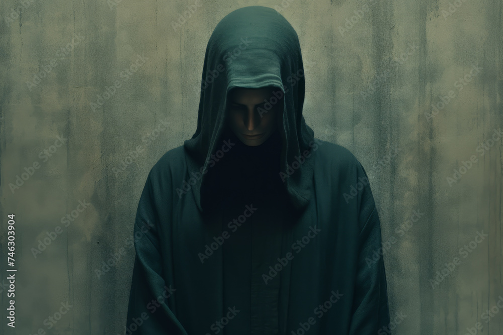 A dark cloaked figure, a man with a hood on standing in front of a wall, wearing a dark robe.