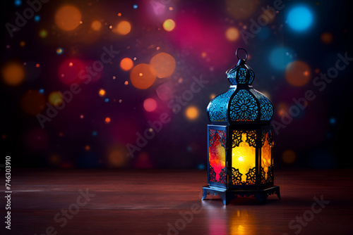 Lantern on wooden table with bokeh background. Ramadan Kareem background © Wazir Design