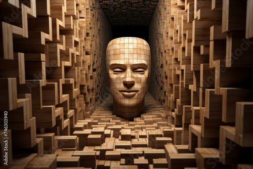 A surreal 3D render of a head in a maze of wooden blocks, a tortured face made of wood, entering the mind maze.