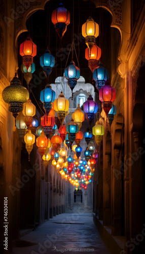Colorful lanterns in morocco style hanging from the ceiling