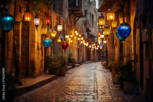 Old street with lanterns in Istanbul. Turkey at night time.