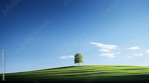 Majestic solitary oak tree on lush green hill with clear blue skies in background