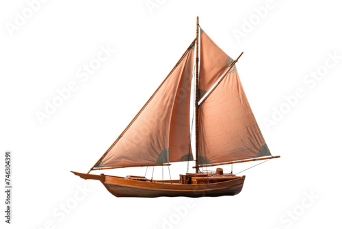 A small sailboat with a brown sail is sailing on the water. The sail is billowing in the breeze as the boat glides through the water. On PNG Transparent Clear Background.
