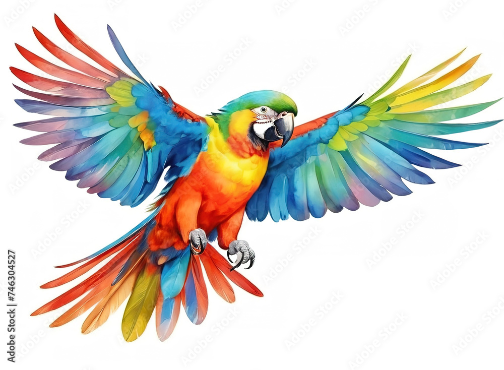 Parrot isolated on white background. Watercolor illustration of colorful parrot.