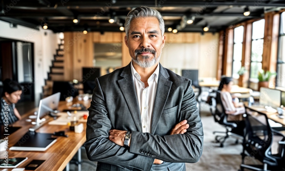 A confident businessman with gray hair and beard stands with his arms crossed in a modern office.