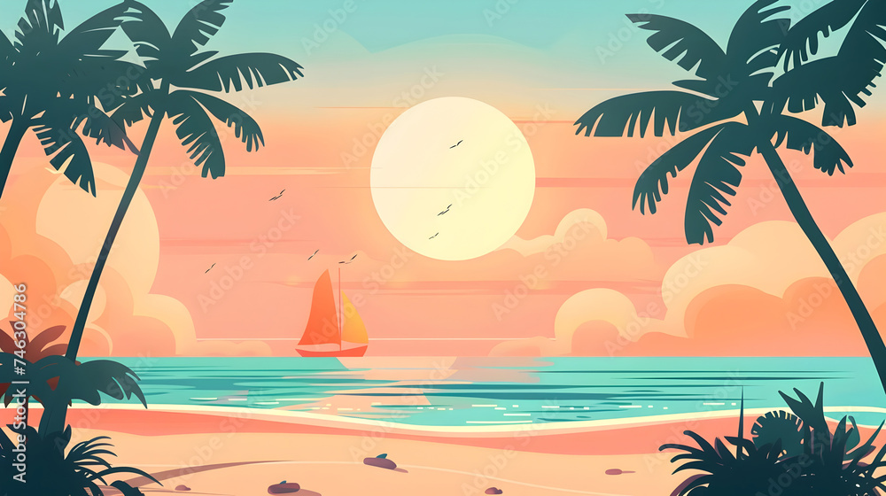 Vector Illustration of a Beach and Sunset with Palm Trees and a Sailboat