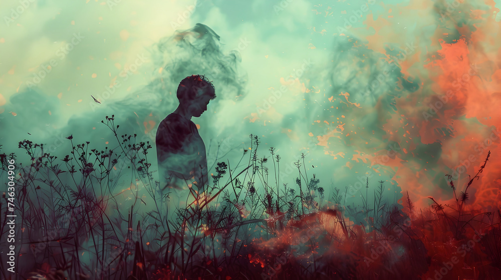 Man Surrounded by Field of Fire at Sunrise Man Surrounded by Field of Fire at Sunrise