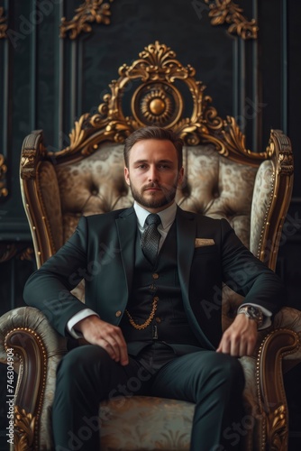 Young confident businessman sitting on the throne in a style-appropriate interior, studio photo, professional shooting, sharp focus