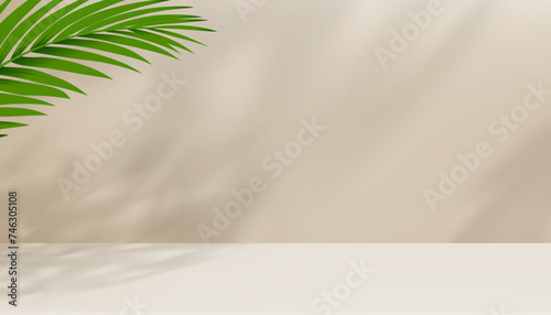 Beige Background Studio Podium with palm leaves shadow on cement floor,Backdrop 3D Display Room with Stand Stage for Cosmetic product presentation,Sale,Online shop in Spring,Summer