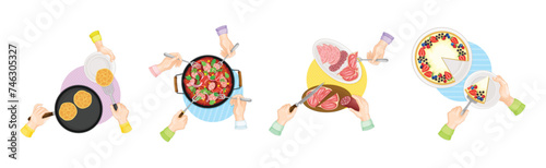 Tasty Dish Served by Human Hand on Plate Above View Vector Set