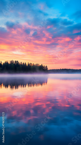 Tranquil Morning at a Lake Cabin: Vivid Sunrise Reflecting off Calm Waters with Silhouetted Pier