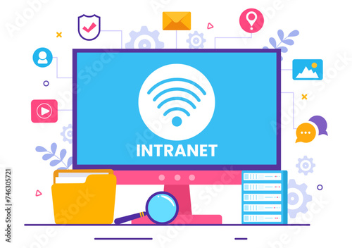 Intranet Internet Network Connection Technology Vector Illustration to Share Confidential Company Information and Website in Flat Cartoon Background
