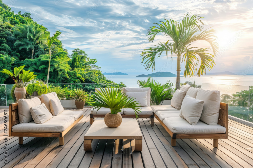 Fototapeta premium Outdoor Living room with nature scenery view for rest and relax decorate with modern furniture, cozy home decor background.